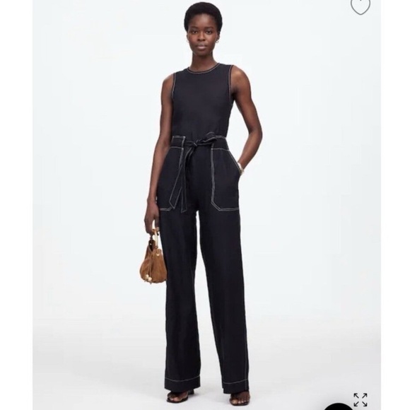Madewell Relaxed Linen Contrast Stitch Jumpsuit w/ Tie Belt Waist